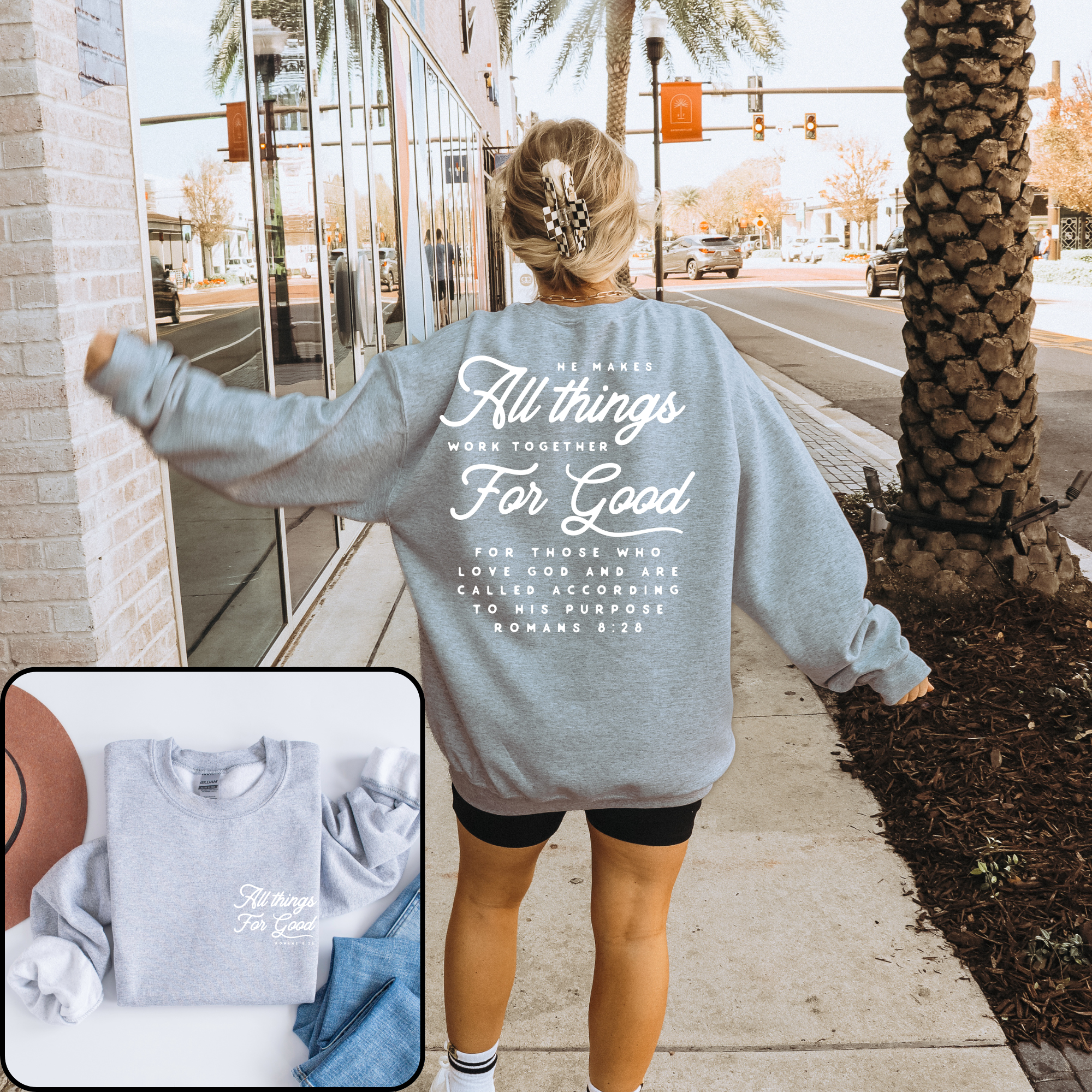 Faith & Life Christian Brands – Engroshandel Grafisk Sweatshirt - Dame – Alle ting arbejder sammen til det gode hyggelig crewneck sweatshirt3