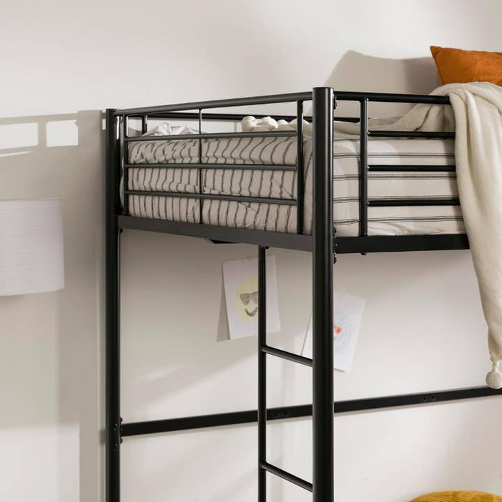Black Timothee Urban Industrial Metal Double Loft Bunk Bed for wholesale on Faire