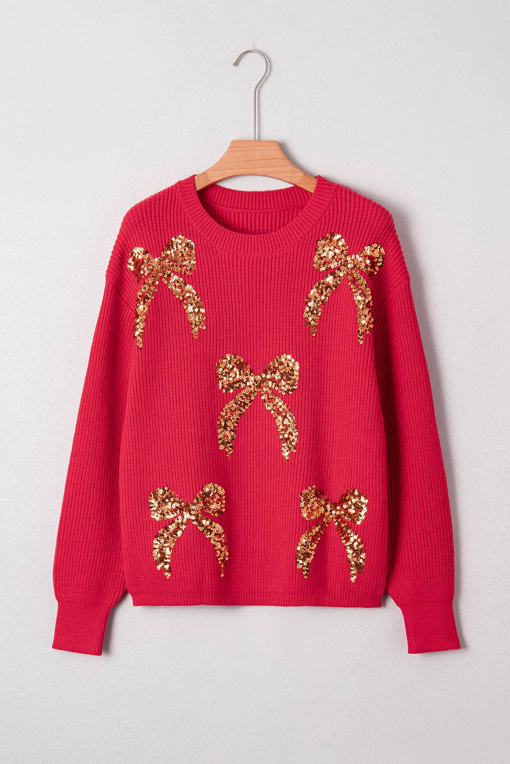 Fiery Red FB Christmas Sequin Bow Drop Shoulder Sweater for wholesale on Faire