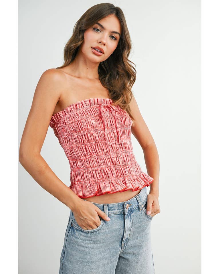 Strapless top met ruches en strik aan de voorkant - BMT8051 voor wholesale door BUTTERMELON