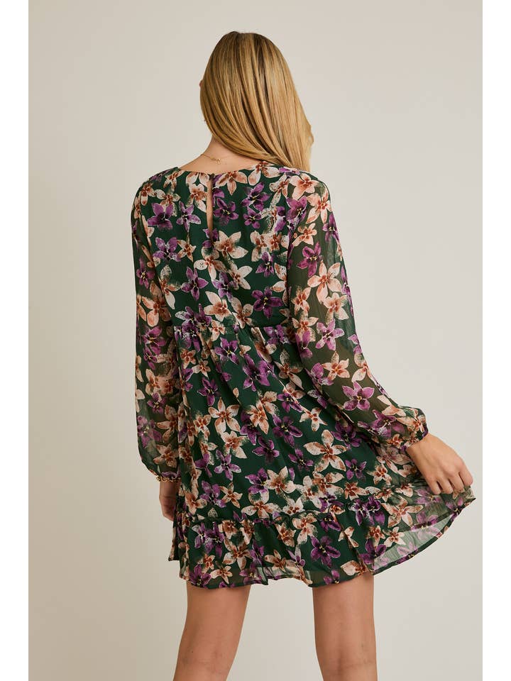 L/S V-NECK MERROW HEM FLORAL DRESS for wholesale on Faire2
