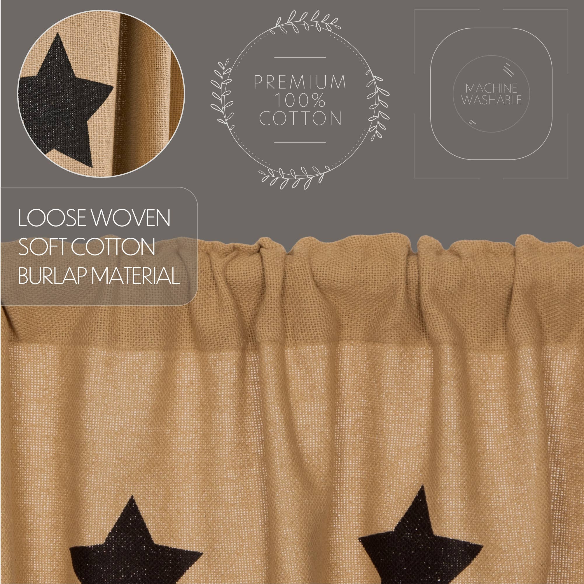VHC Brands - Wholesale Valance - Burlap w/Black Stencil Stars Valance 16x724
