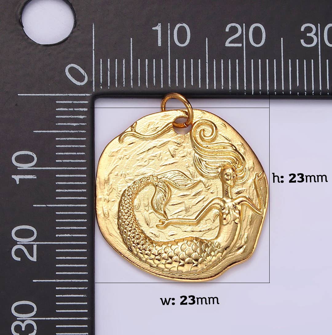 Beads Creation - Wholesale Individual Charm/Pendant - Gold Filled Ocean Mermaid Textured Round Coin Charm, CP19211