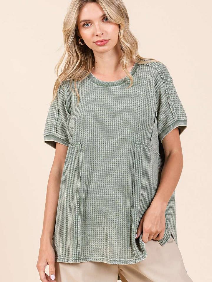 mittoshop - Wholesale Tunic - Women's - MINERAL WASH WAFFLE KNIT SEAM DETAIL TUNIC TOP
