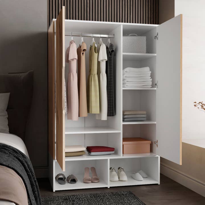 Light Oak White Rosie armoire, two open shelves, double door, hanging rod for wholesale on Faire1