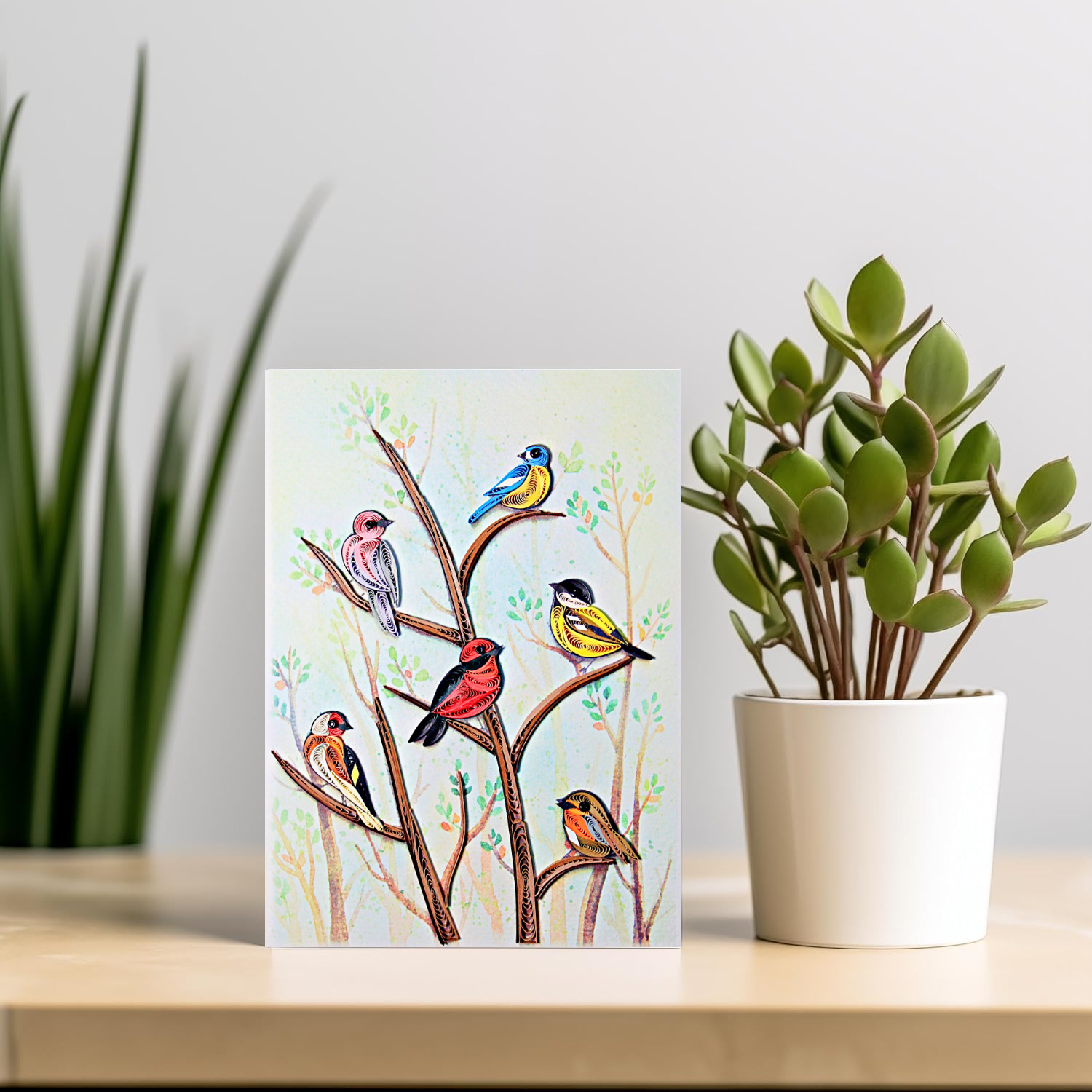Wonder Paper Art - Venta al por mayor Tarjetas de felicitación - Compañeros Coloridos – Tarjeta de Quilling de Seis Pájaros, 5x7 pulgadas3