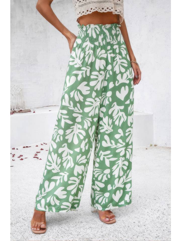 CC Wholesale Clothing - Venta al por mayor Pantalones - Mujer - Pantalón de Pierna Ancha de Cintura Alta con Volante Doblado y Estampado Integral14