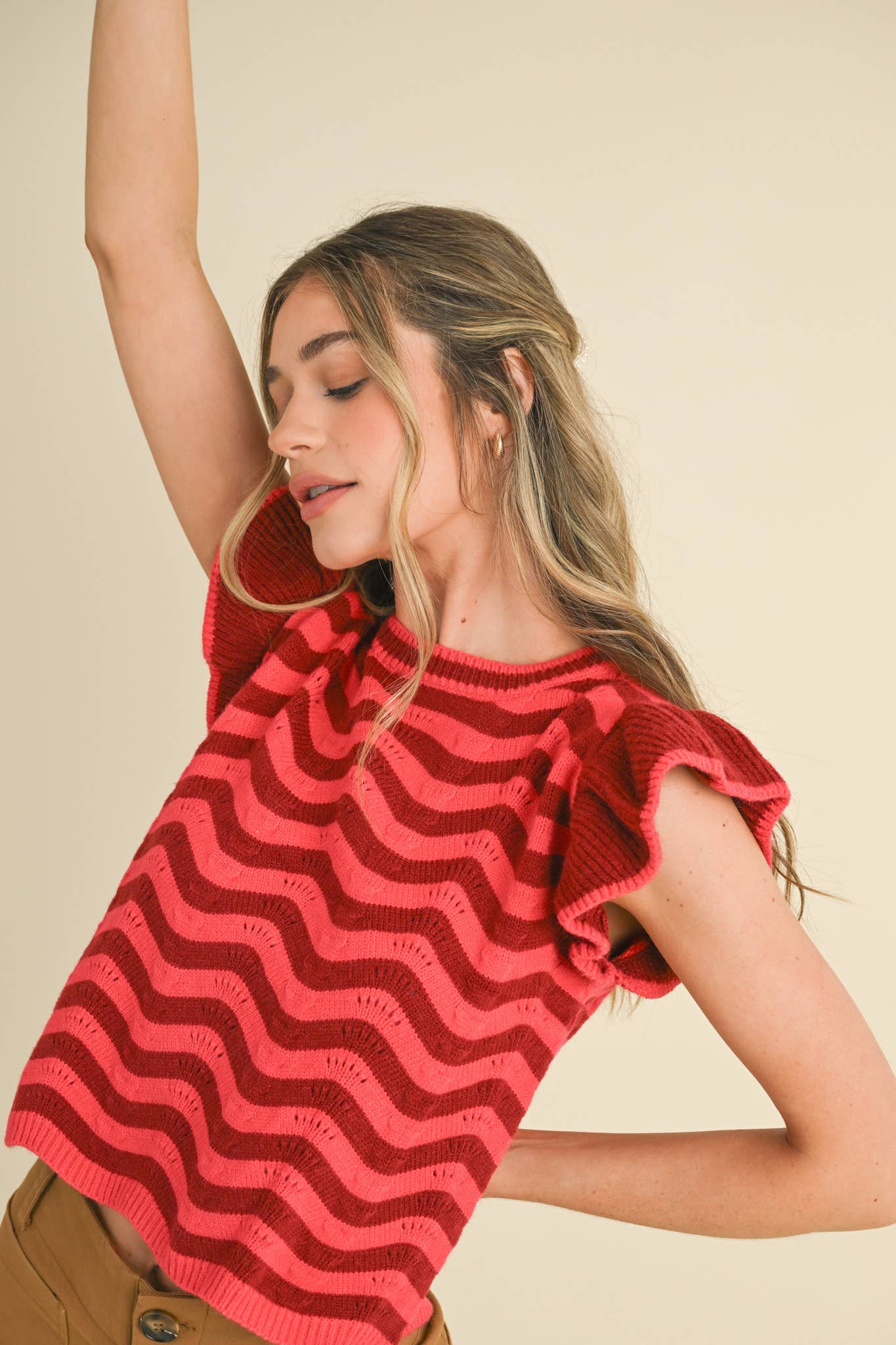 &MERCI - Wholesale Knit Sweater - Women's - WAVY STRIPES FLUTTER SLEEVE SWEATER TOP MSW1050974