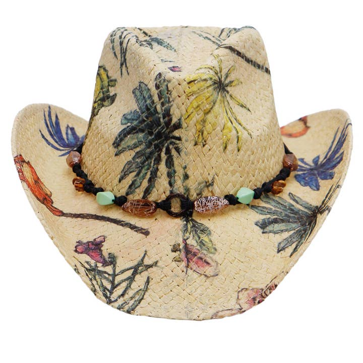 Cap Zone - Wholesale Cowboy Hat - Women's - Floral Print Raffia Paper Straw Cowboy Hat13