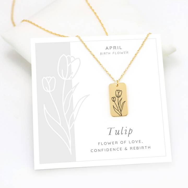 Delezhen – Großhandel Kette mit Anhänger/Charm – April Tulpe Geburt Blume Halskette Gravur Anhänger Schmuck
