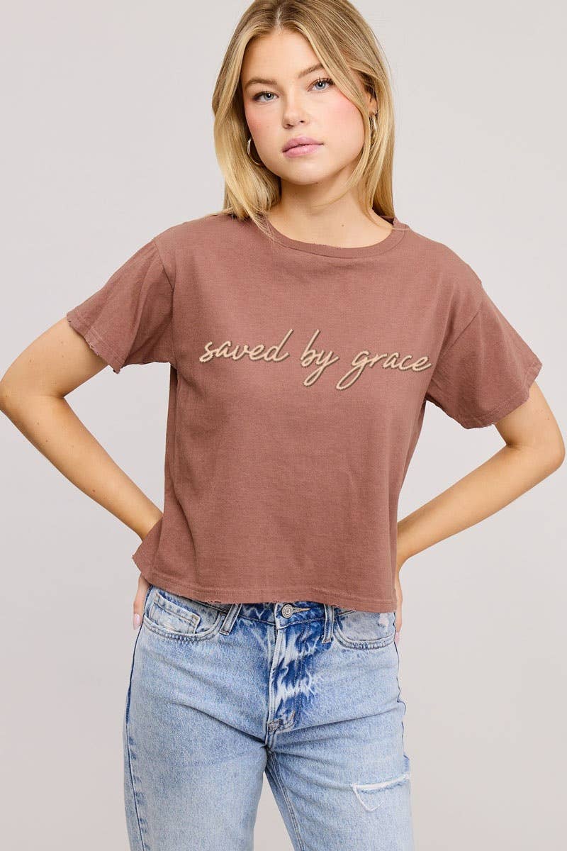 Zutter - Wholesale Screen Printed T-Shirt - Women's - PUFF' Saved By Grace Graphic S/S Seamless Faux Crop2