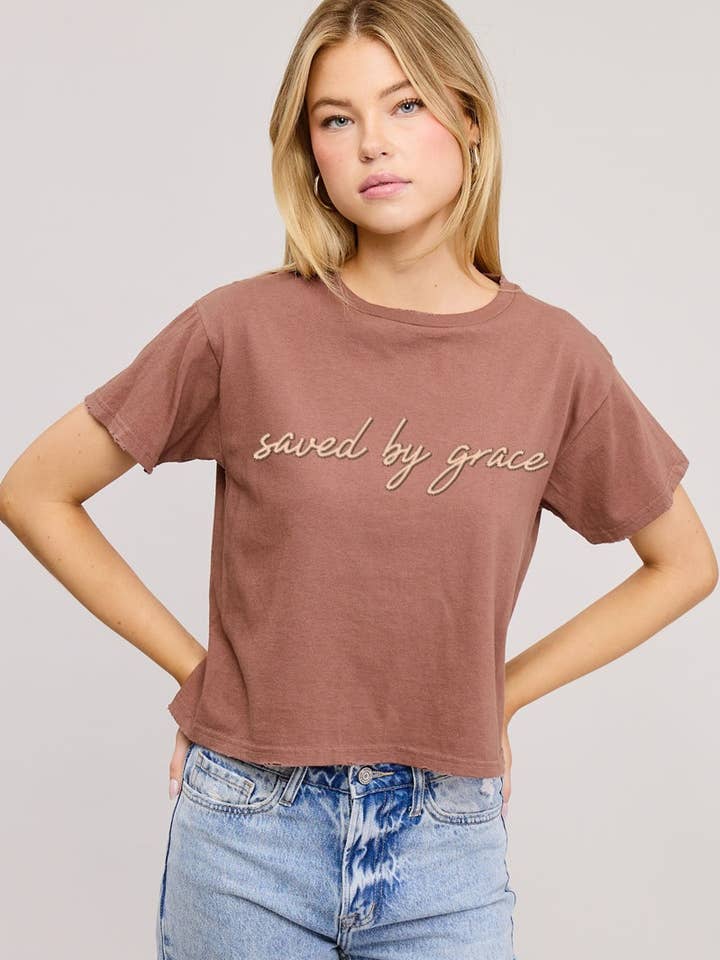 Zutter - Wholesale Screen Printed T-Shirt - Women's - PUFF' Saved By Grace Graphic S/S Seamless Faux Crop2