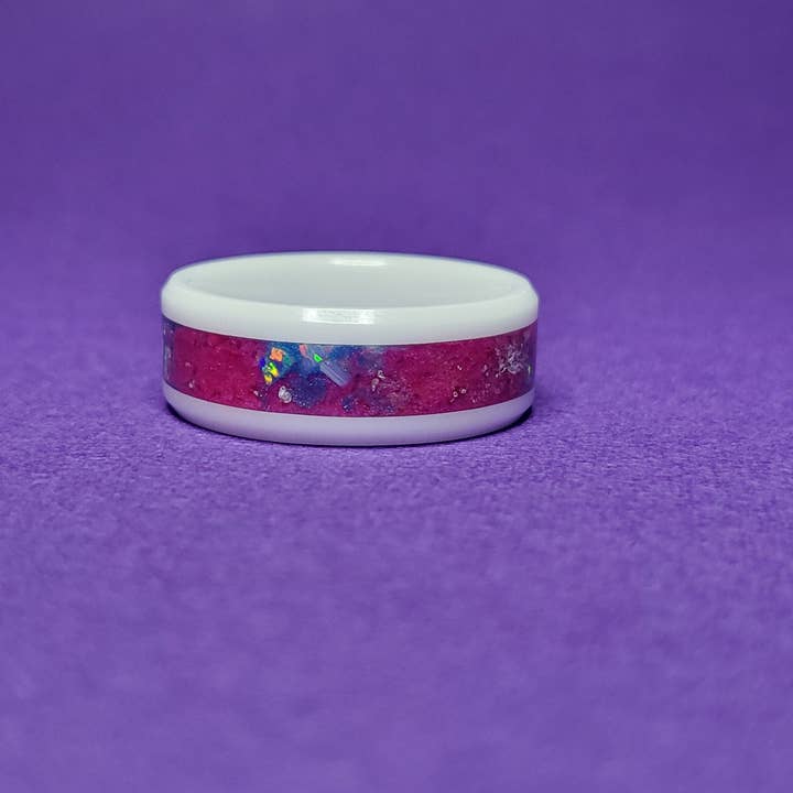 White Ceramic Ring Opal, Quartz, Rose Pink, UV Glow for wholesale by Natural Evolution Design