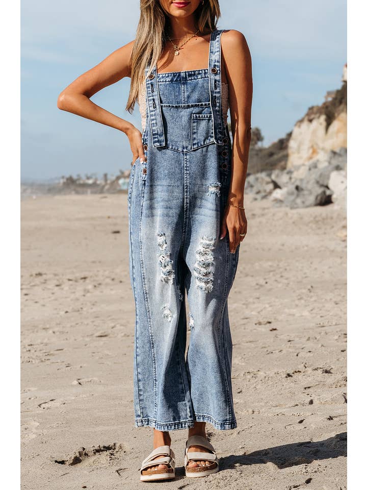Little Daisy Closet - Wholesale Overalls - Women's - LDC Distressed Bib Pocket Wide Leg Denim Overall