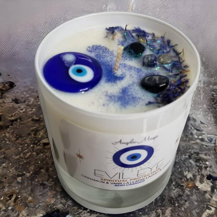 Angelic Magic - Wholesale Jar/Filled Candle - Evil Eye Soy Candle (UPGRADE) -Lapis Lazuli-Onyx - 11oz