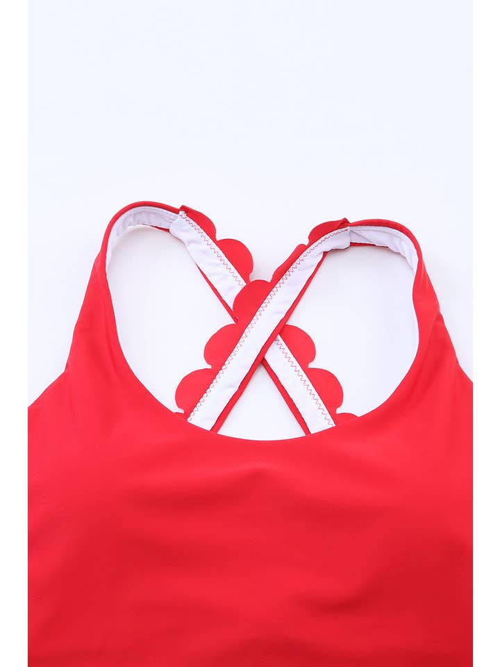 EG fashion - Wholesale Two Piece Swimsuit - Women's - Pink Scalloped Sleeveless High Waisted Two Piece Swimsuit26