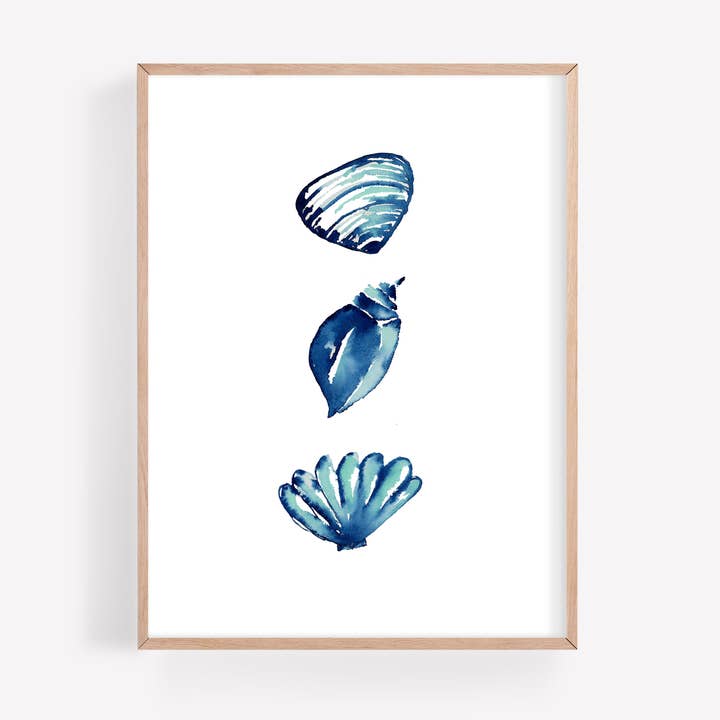 Three Seashells Coastal Blue Watercolor Art Print for wholesale by Farmcliff Studio