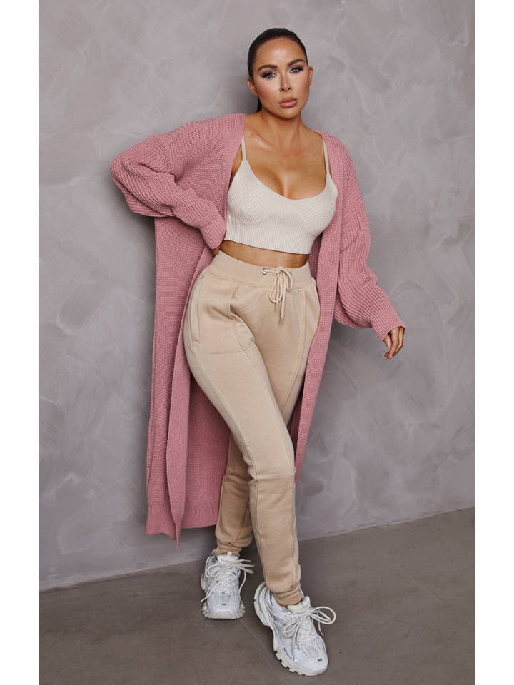 Femme Luxe – wholesale Kofta - Dam – Rosa stickad lång kofta med puffärmar i midi-längd - Vallmo3