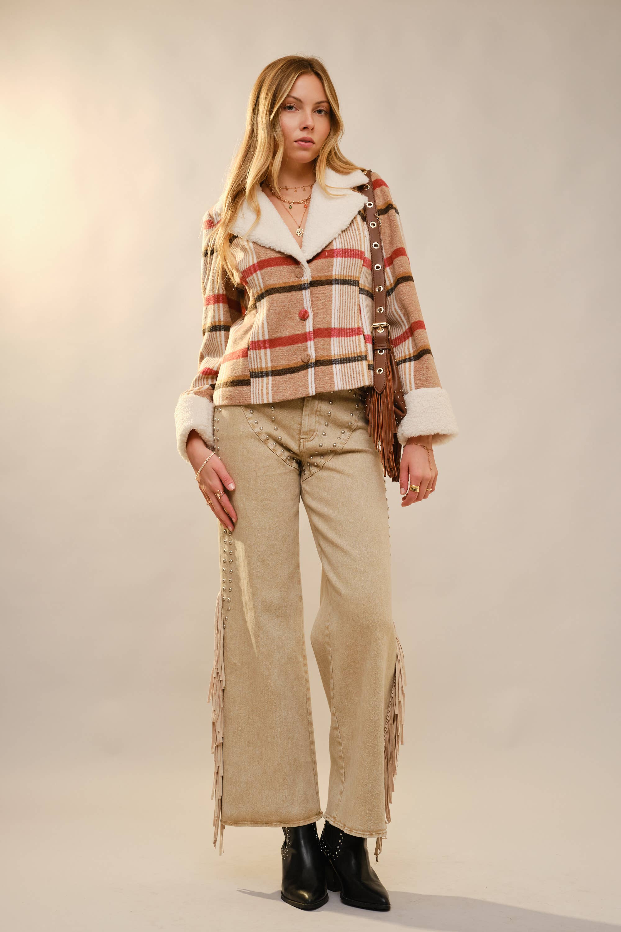 MOCHA MULTI 93711J Sherpa Collar Plaid Jacket for wholesale on Faire4