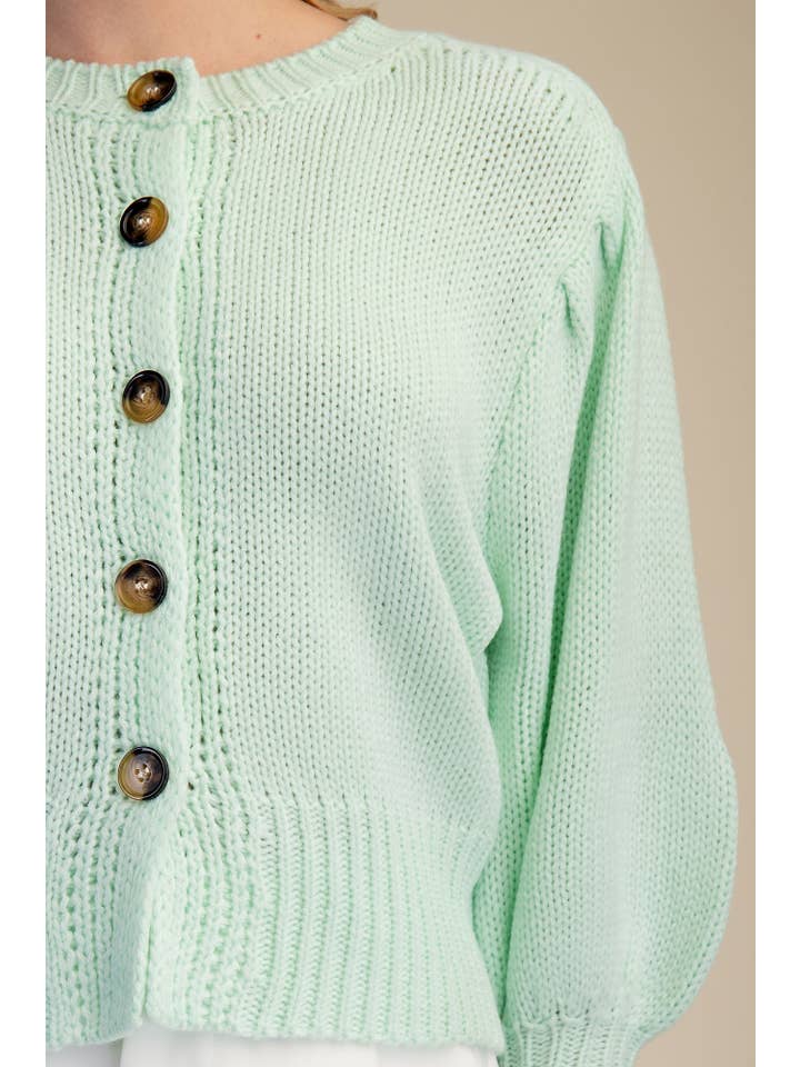 Glam - Wholesale Knit Sweater - Women's - Short Puff Sleeve Button Down Sweater - Reorder Friendly14