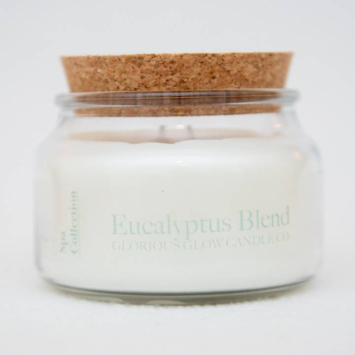 Spa Eucalyptus Blend 9 oz. Soy Blend Container Candle + Lid for wholesale by Glorious Glow Candle Co.