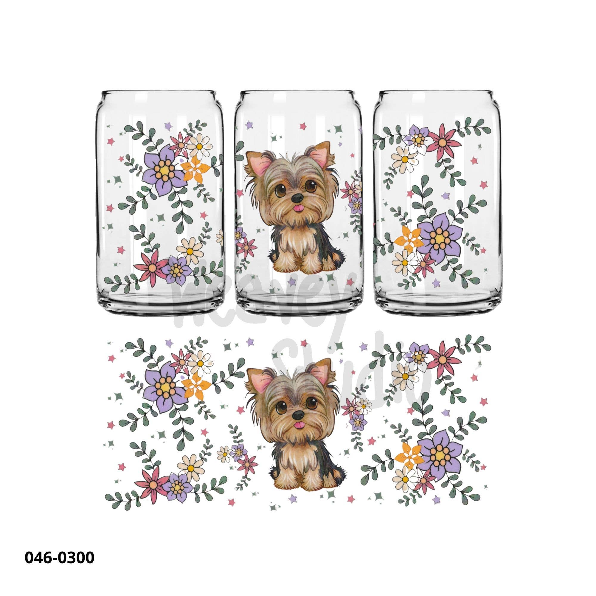 Weavey Studio - Wholesale Sticker - UVDTF cup wrap Cute dog Yorkshire Terrier with purple flower