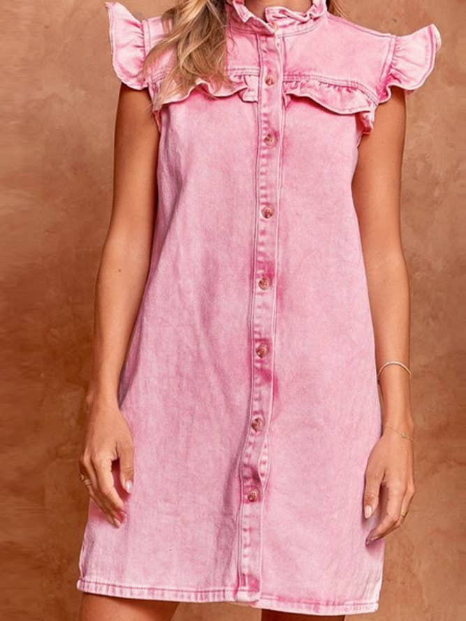 Plain Washed Denim Open Button Ruffles Dress OZX069 for wholesale by UNISHE