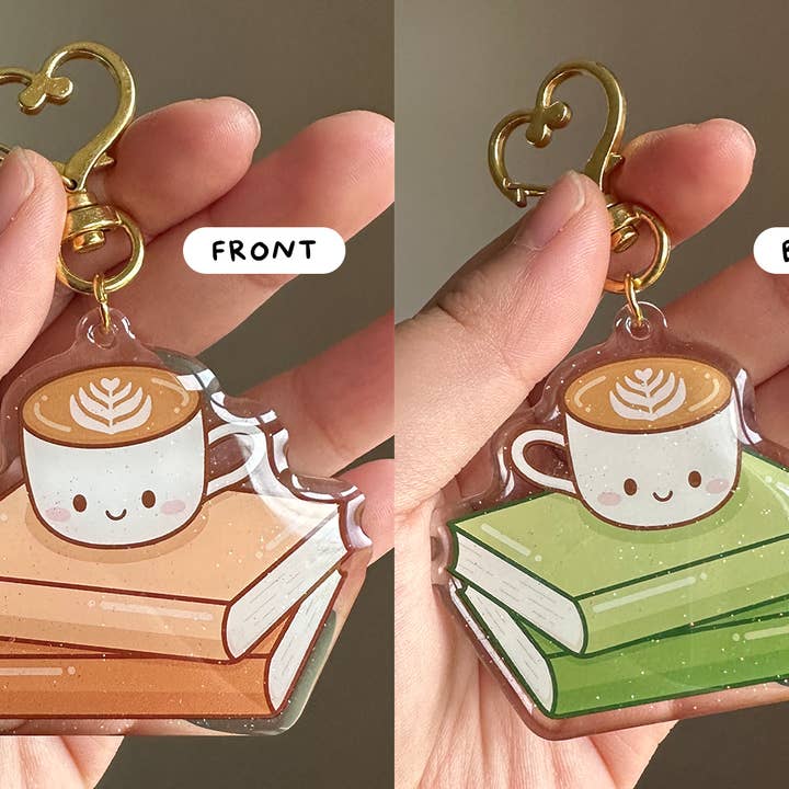 Books and Latte Glitter Epoxy Keychain for wholesale by Cute Stickers Only