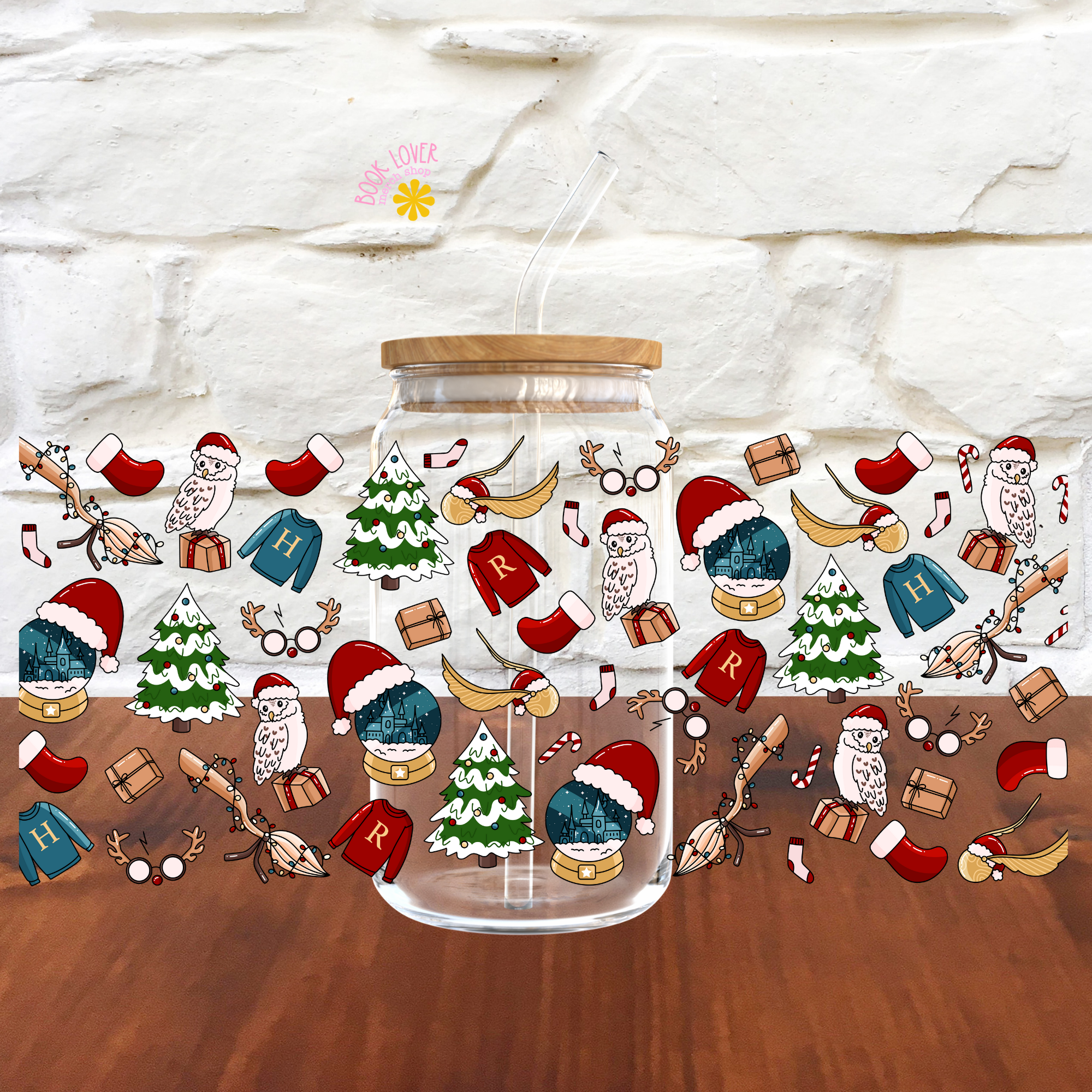 Book Lover Merch Shop - Wholesale Bottle and Shot Glass Display - Magic Christmas 16 OZ Glass Can UV DTF WRAP / Bookish Mug0