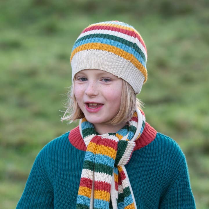 Rainbow Striped Strikket Hue, Tørklæde & Vanter Sæt for engroshandel hos Little Green Radicals EU