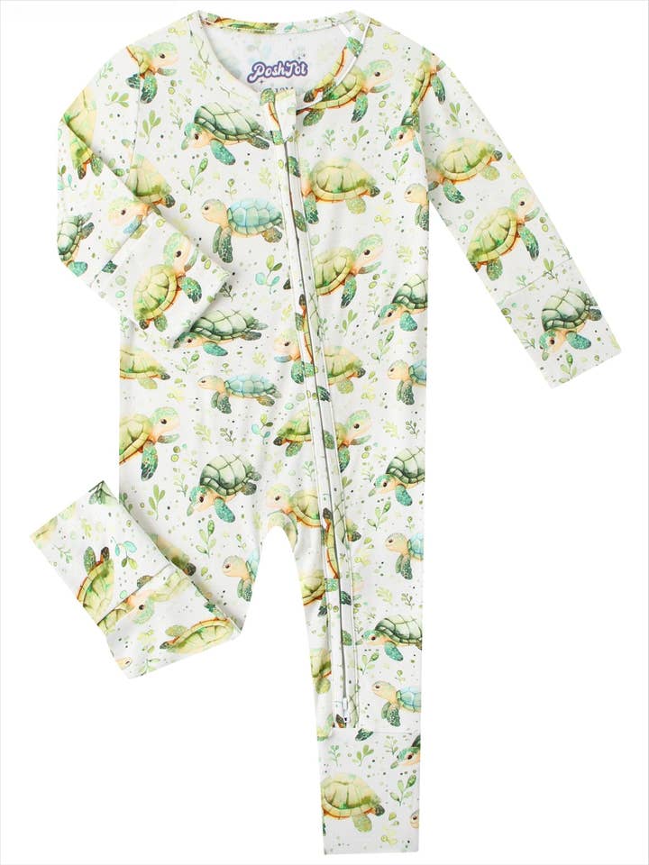 PoshTOT Green Sea Turtle Bamboo Baby Convertible Zippy Romper for wholesale by Charlie's Project Kids