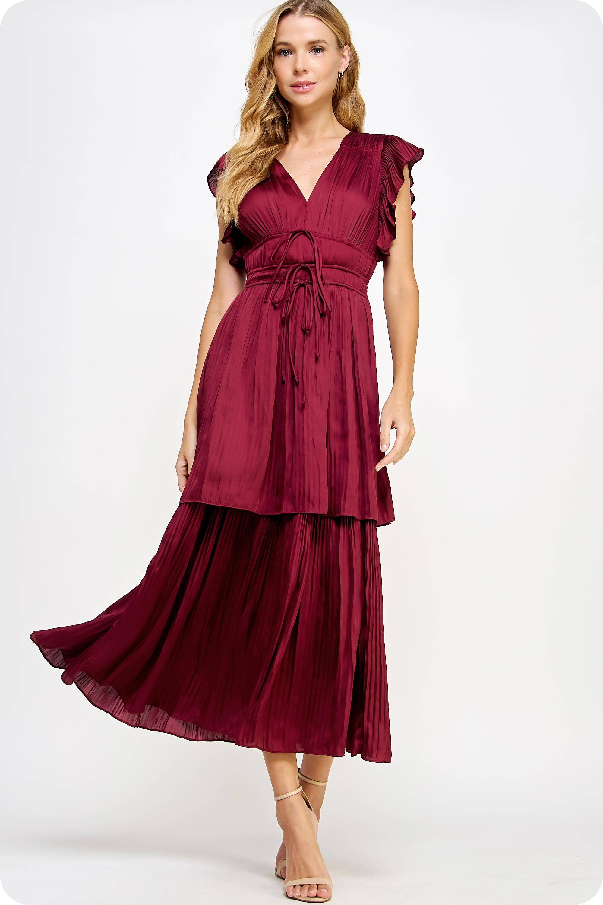 Strut & Bolt – wholesale Dress – Women's – Ruffled Pleated Satin Long Dress17