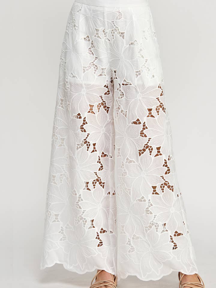 Ellison - Wholesale Pants - Women's - TP-10274-6 FLORAL LACE WIDE-LEG PANTS OFF WHITE