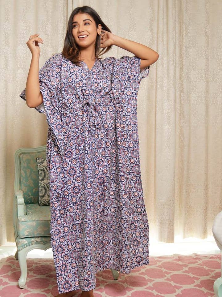 Women Tunic V Neck Casual Loose Flowy Blue kaftan Dress for wholesale by NEOSTITCH LLC