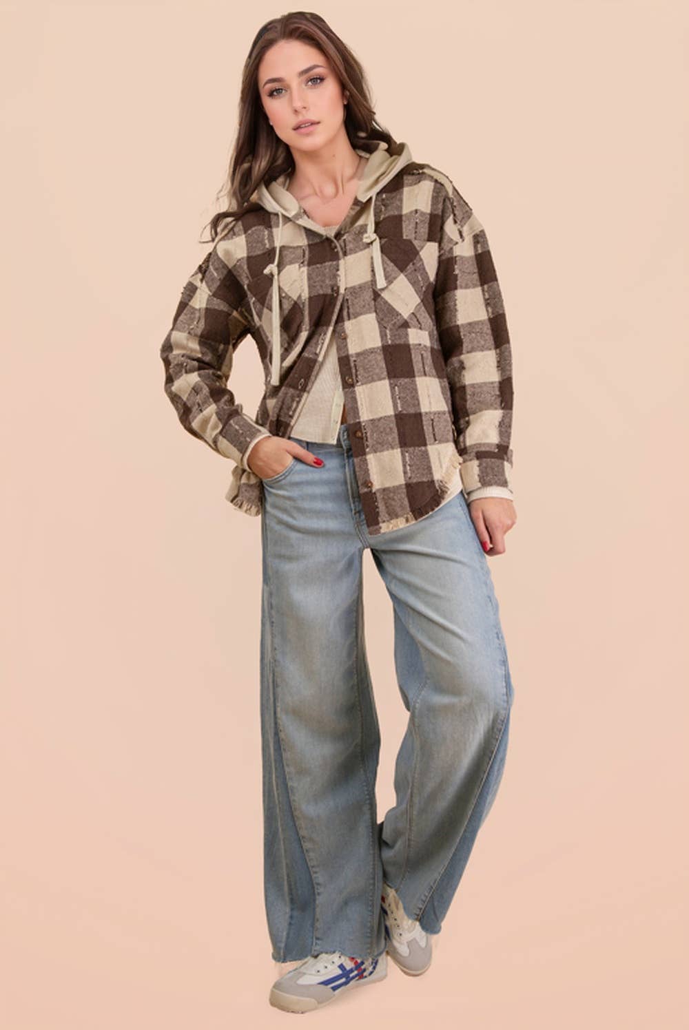 VERY J - Wholesale Jacket - Women's - NT12253-Oversized Flannel Hooded Button Down Jacket14