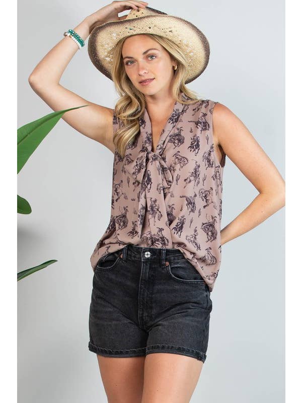 Mocha AT1289-COLETTE BUCKING HORSES PRINT FRONT TIE WOVEN TOP for wholesale on Faire