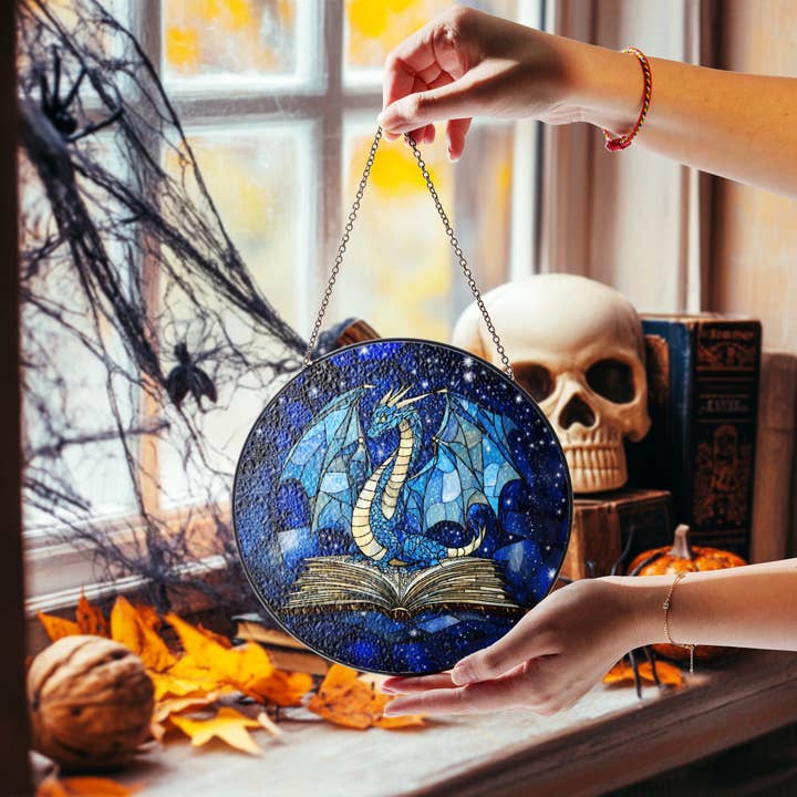 NVC Ecommerce LLC - Wholesale Suncatcher - Stained Glass Dragon Book Suncatcher, Mystical Dragon Glass