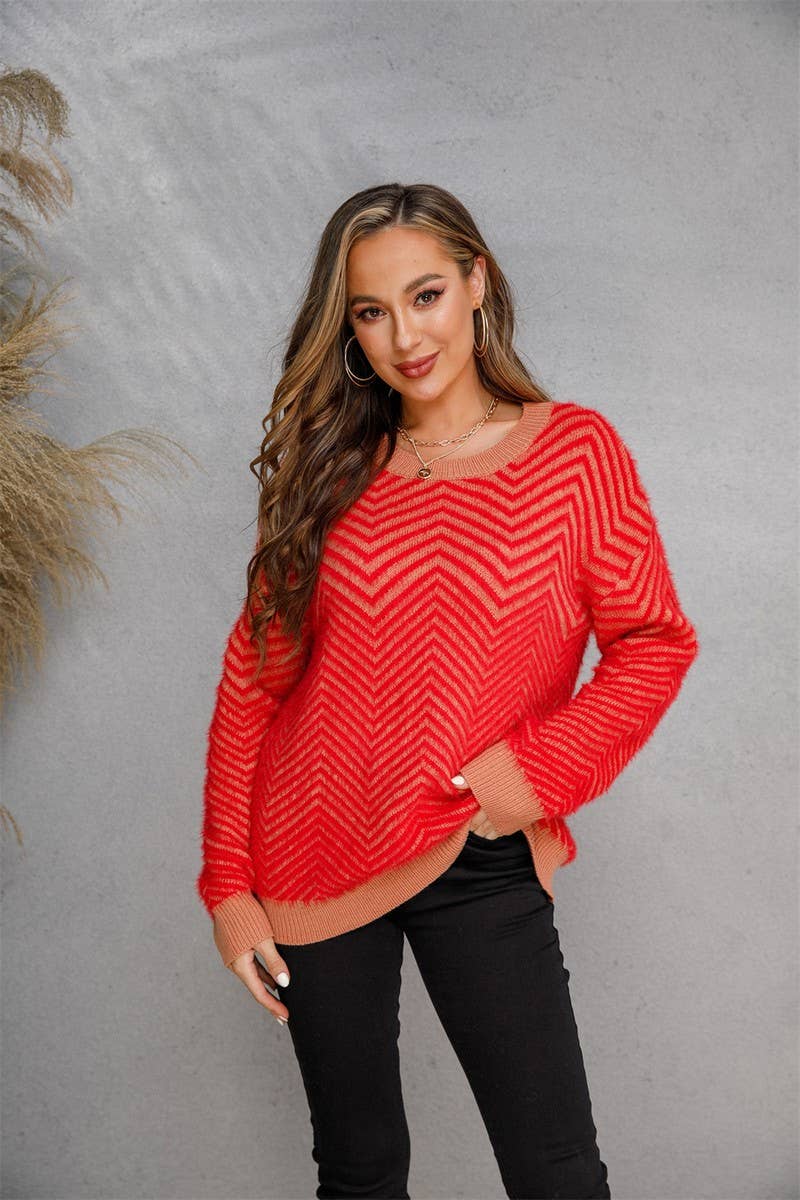NINEXIS - Wholesale Knit Sweater - Women's - CWOSWL1707_V-neck Long Sleeve Striped Pullover Sweater3