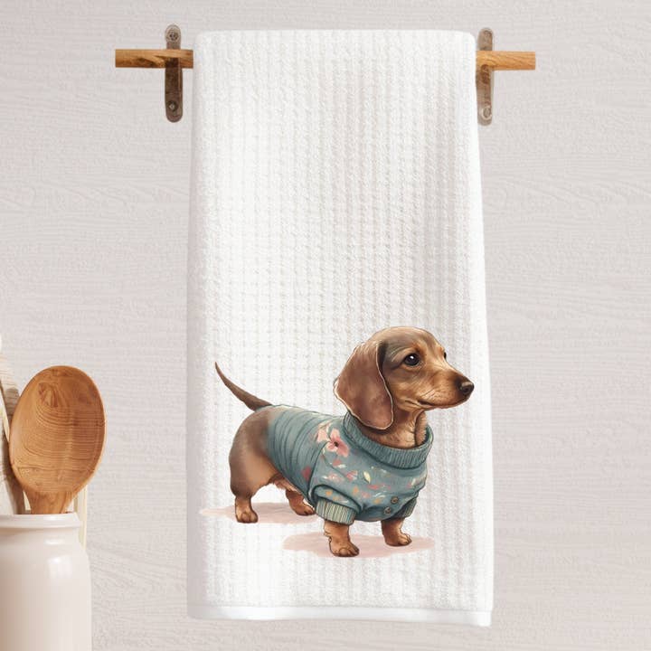 Dachshund in A Sweater Tea Towel for wholesale by Cottage & Club