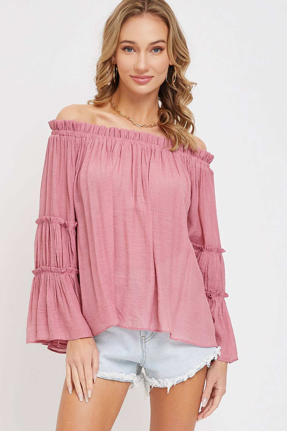 Sweet Lovely by Jen - Wholesale Blouse – Women’s - OFF SHOULDER TIERED BELL SLEEVE TOP74