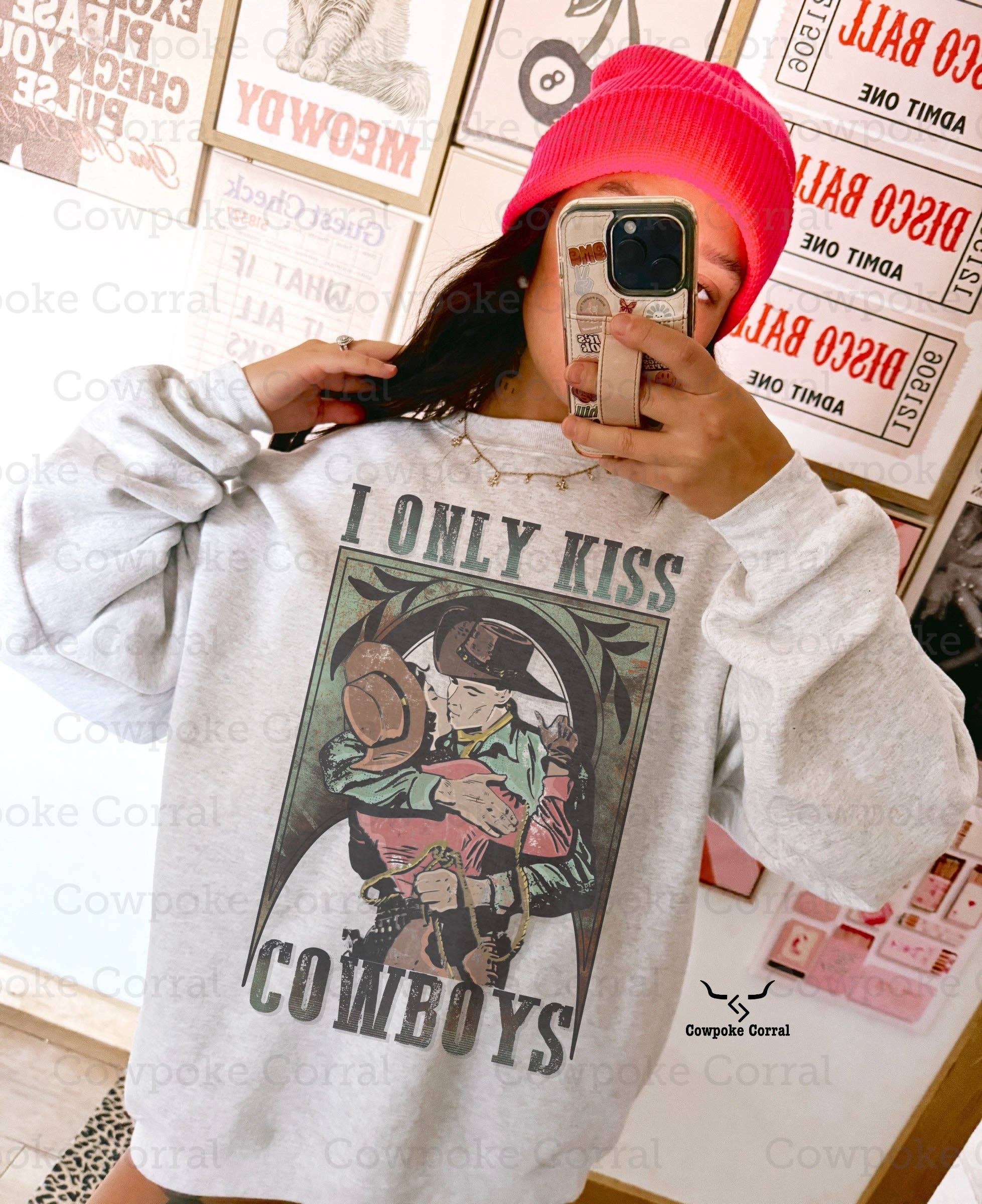 Ash Gray I ONLY KISS COWBOYS CREWNECK SWEATSHIRT for wholesale on Faire0