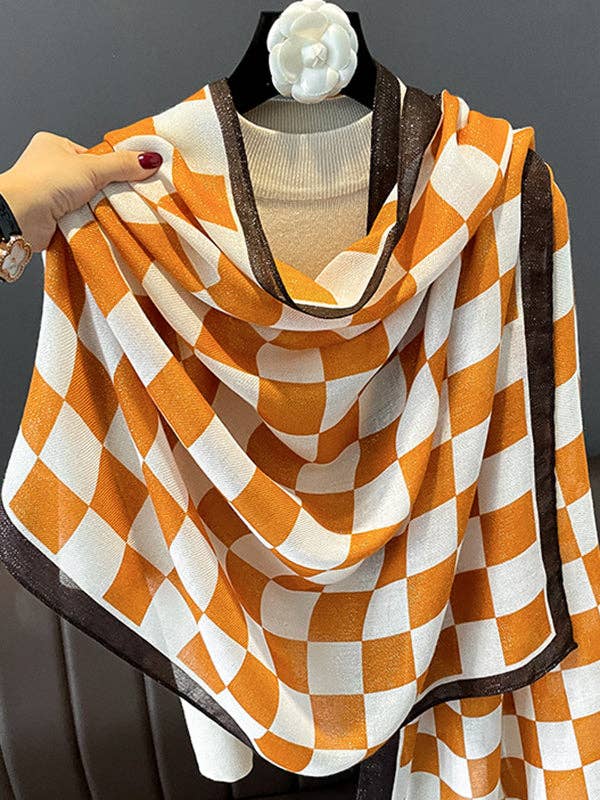 StyleGalX – Cachecol - Mulher por atacado – Lenço estampado xadrez de cor contrastante de moda simples7