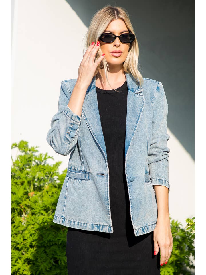 Light Wash Washed Denim Blazer W/ Welt Pockets for wholesale on Faire