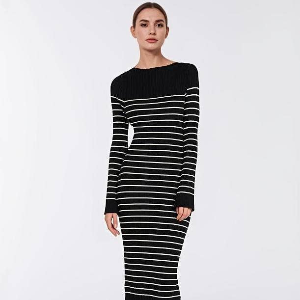Round Neck Striped Rib Knit Bodycon Slit Maxi Dress for wholesale by BELLISSIMA FASHION