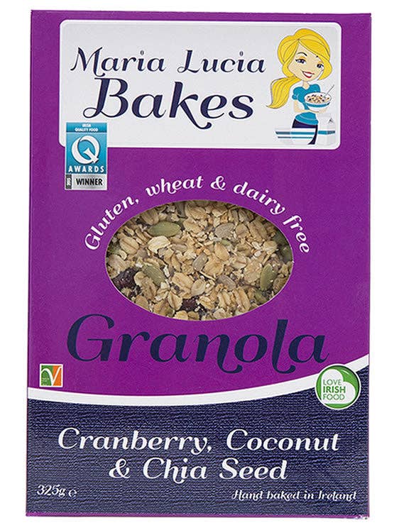 Cranberry, Coconut and Chia Seed Granola - 325g - No Gluten, Wheat or Dairy - No Refined Sugar & Salt for wholesale by Maria Lucia Bakes - UK