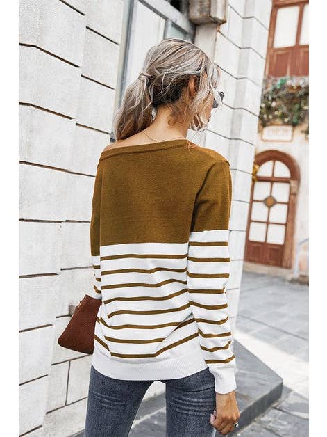 Supreme Fashion – wholesale Knitted jumper – Women′s – Color Block Stripes Knitted V Neck Drop Shoulder Sweater1
