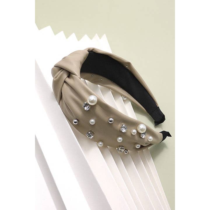 JOSSLYN by wall to wall - Wholesale Fashion Headband - Women's - KNOTTED FAUX LEATHER PEARL RHINESTONE HAIR BANDS | 40HB1111