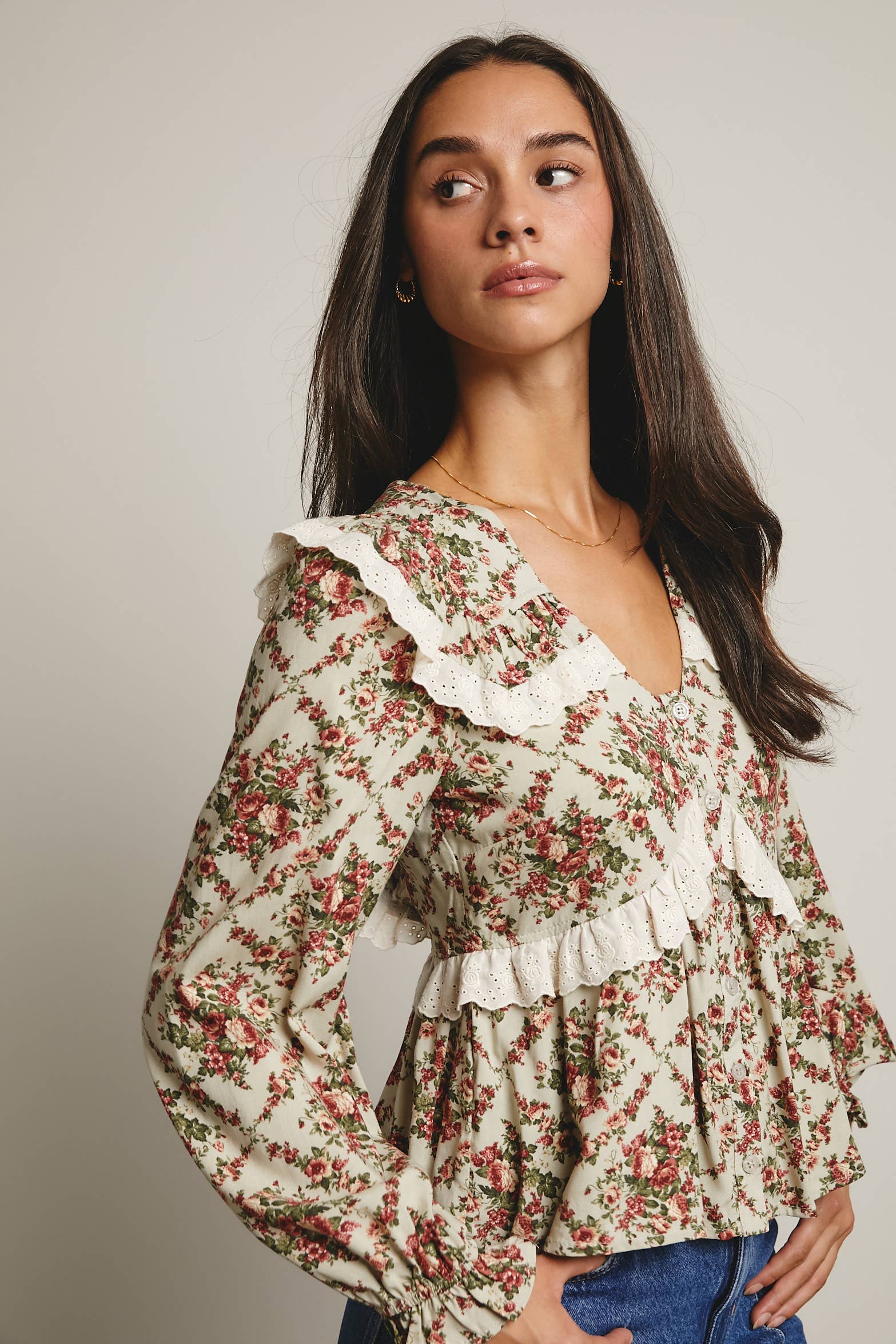 Forte - Wholesale Blouse – Women’s - Eyelet Ruffle Floral Peplum Blouse FT001214