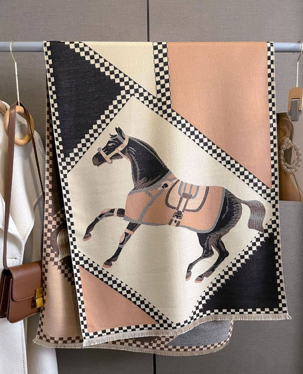 JPC Equestrian - Wholesale Scarf - Women's - AWST Int'l Horses in Blankets Acrylic Cashmere Scarf0