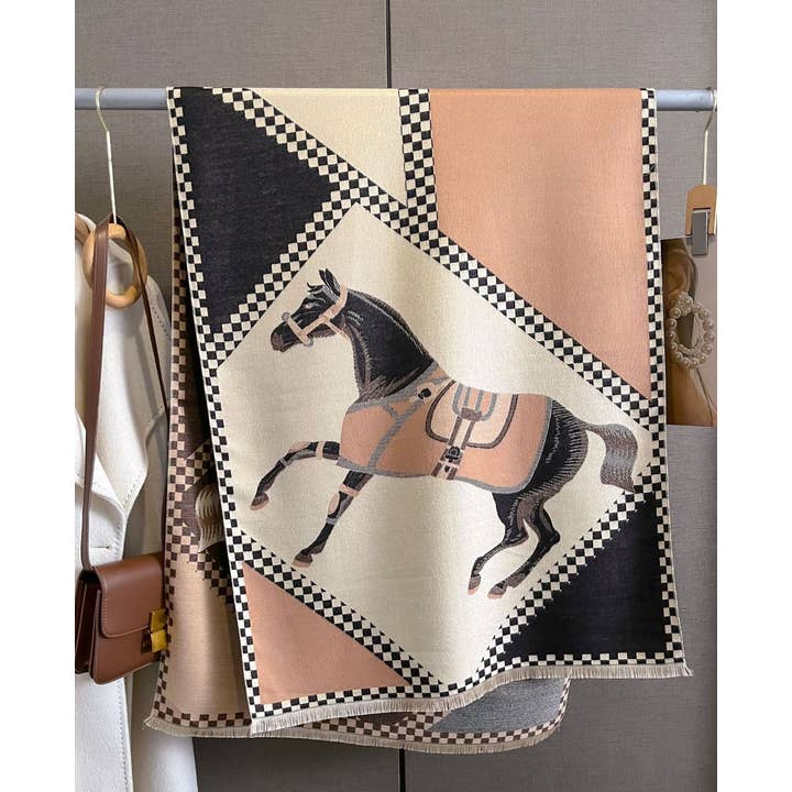 JPC Equestrian - Wholesale Scarf - Women's - AWST Int'l Horses in Blankets Acrylic Cashmere Scarf
